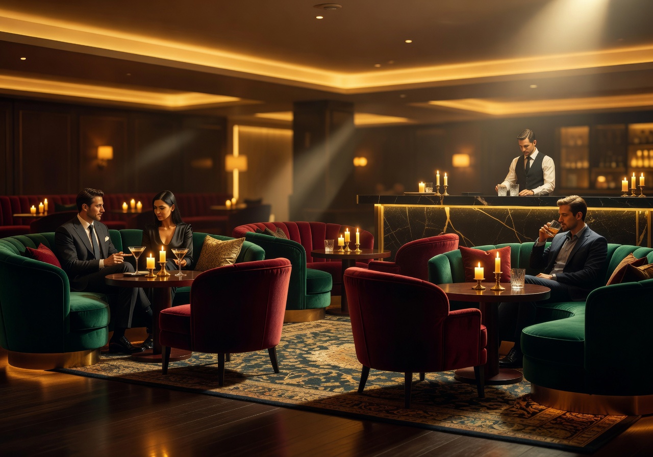 Elegant hotel nightlife lounge with warm golden lighting