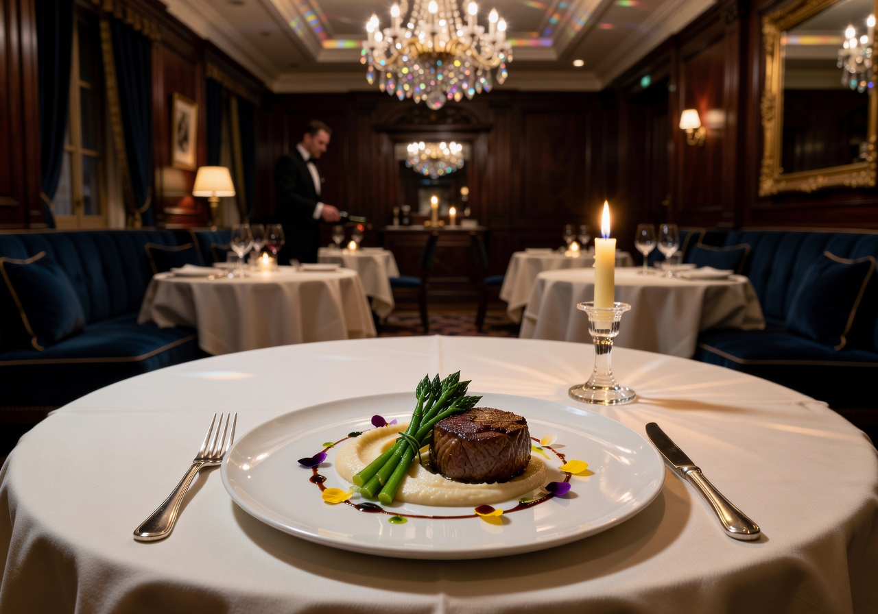 Fine dining gourmet cuisine at a luxury hotel restaurant